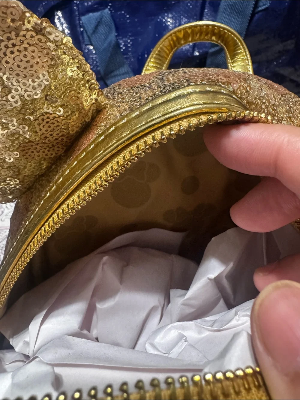 Disney Gold Sequin Minnie Ear Mini Backpack with Metallic Bow